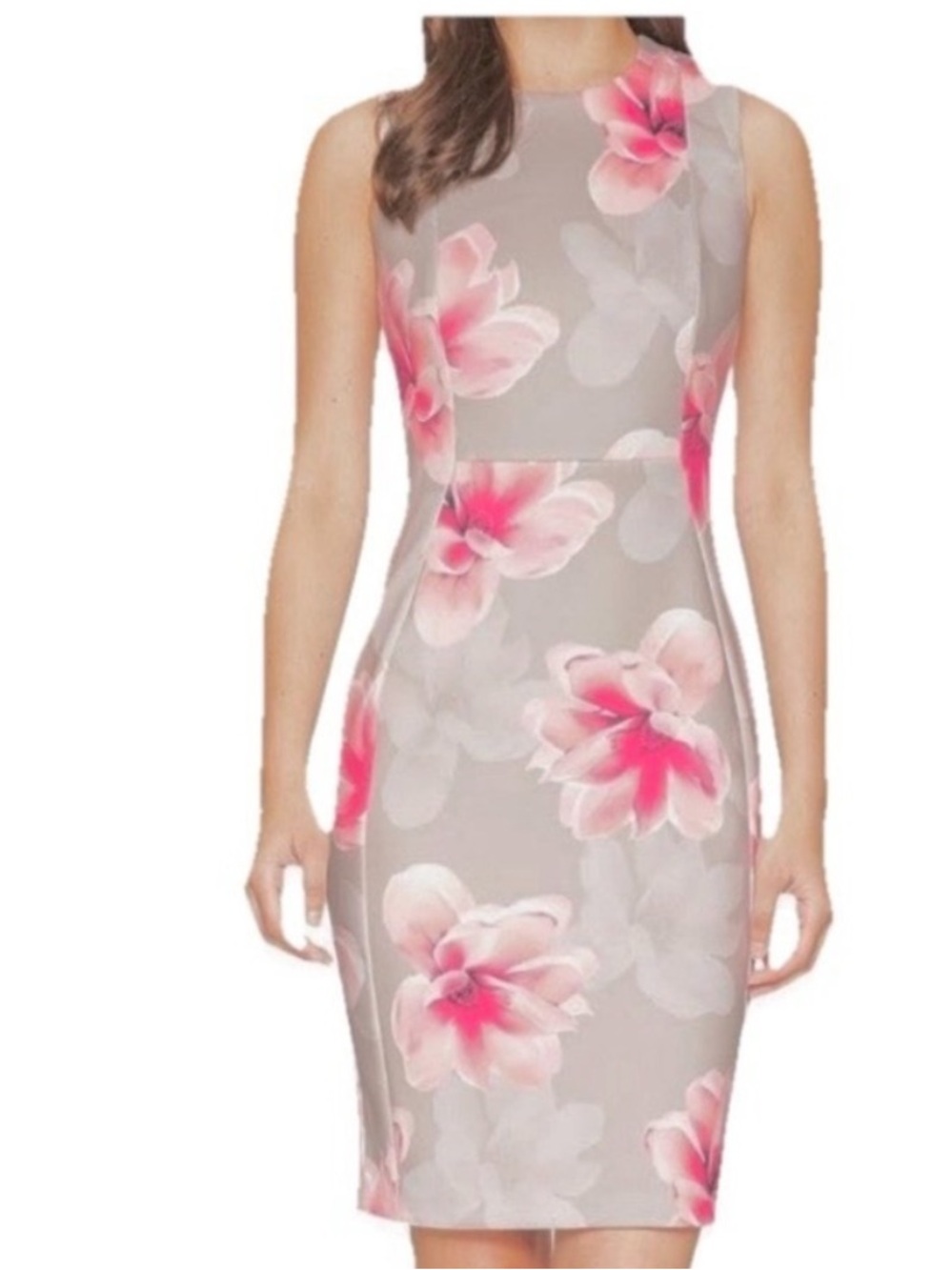 Calvin Klein Pink Floral Beige Scuba
Knit Sleeveless Sheath Dress Size 2P